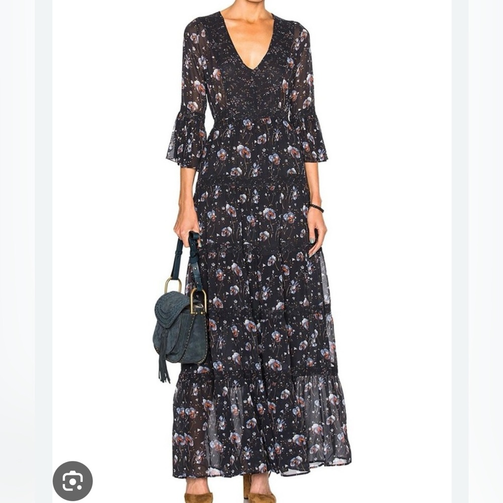 Ulla Johnson Black Silk Floral Long Sleeve Dress